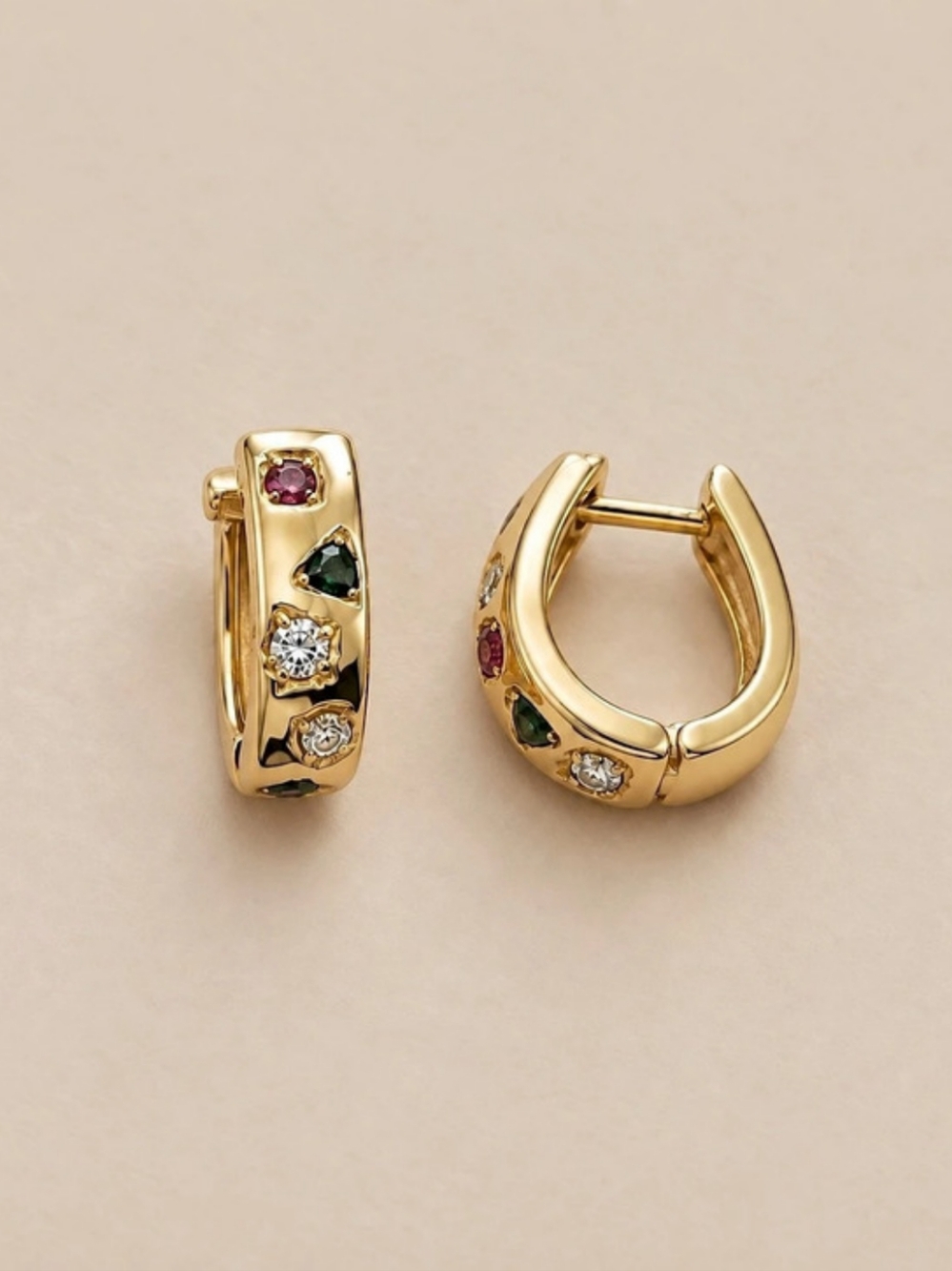 Gemstone Earrings In Gold-tone Multi Color Chunky Huggie Hoop for Women Small